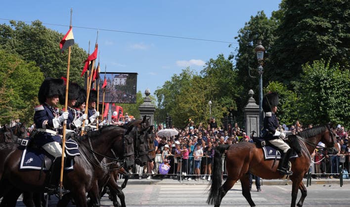 (260721) -- BRUSSELS, July 21, 2026 -- Cavalrymen march during a military and civil parade of Belgian National Day celebrations in Brussels, Belgium, on July 21, 2026. ) BELGIUM-BRUSSELS-NATIONAL DAY-CELEBRATIONS WengxXinyang 