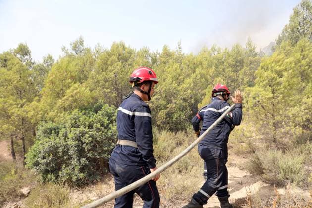(260721) -- ALGIERS, July 21, 2026 -- Firefighters work against a wildfire on a mountain in El Hachimia, northern Algeria, on July 21, 2026. Six people have been killed in wildfires sweeping across northern Algeria as a prolonged heat wave continues to fuel forest and vegetation fires in several provinces, the Algerian Ministry of the Interior, Local Authorities and Transports said Tuesday. (Photo by Xinhua) ALGERIA-EL HACHIMIA-WILDFIRES BillelxBensalem 
