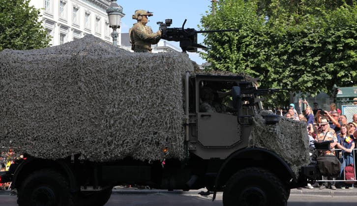 BRUSSELS, BELGIUM - JULY 21: A military vehicle and weapons are displayed during Belgium s National Day on July 21, 2026 in Brussels, Belgium. The event marks the country s national holiday with a ceremonial procession in the capital.  Copyright: xChinaxNewsxServicex 111655732339