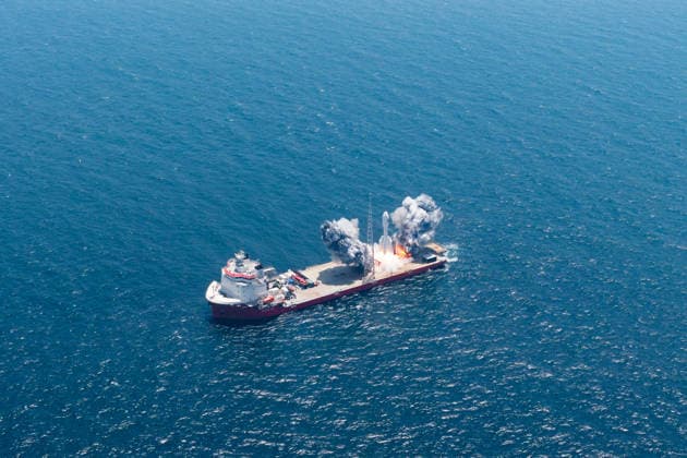 (260722) -- SHANGHAI, July 22, 2026 -- A Gravity-1 carrier rocket carrying nine satellites blasts off from waters off the coast of Shanghai, east China, July 22, 2026. The Taiyuan Satellite Launch Center launched the commercial rocket at 10:54 a.m. (Beijing Time), placing nine satellites into their designated orbits. (EyesOnSci) CHINA-SHANGHAI-SATELLITE-LAUNCH (CN) ZhangxXiaoyu 