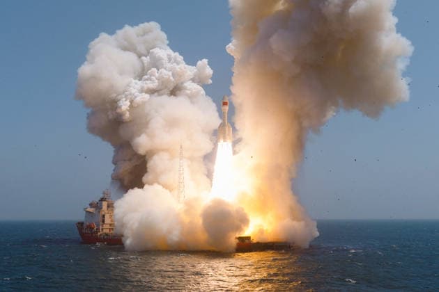(260722) -- SHANGHAI, July 22, 2026 -- A Gravity-1 carrier rocket carrying nine satellites blasts off from waters off the coast of Shanghai, east China, July 22, 2026. The Taiyuan Satellite Launch Center launched the commercial rocket at 10:54 a.m. (Beijing Time), placing nine satellites into their designated orbits. (EyesOnSci) CHINA-SHANGHAI-SATELLITE-LAUNCH (CN) ZhangxXiaoyu 
