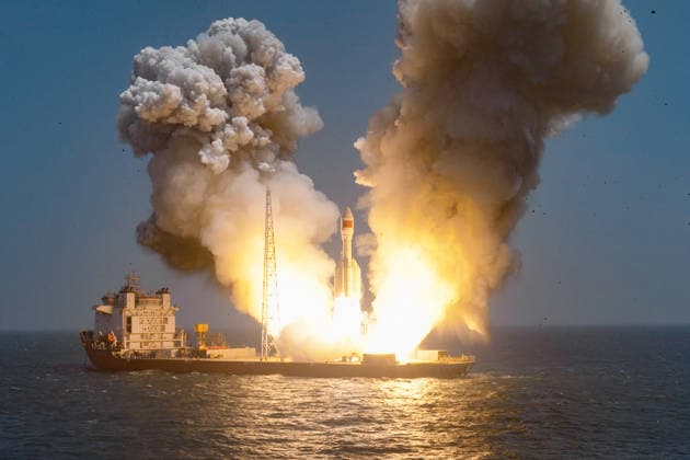 (260722) -- SHANGHAI, July 22, 2026 -- A Gravity-1 carrier rocket carrying nine satellites blasts off from waters off the coast of Shanghai, east China, July 22, 2026. The Taiyuan Satellite Launch Center launched the commercial rocket at 10:54 a.m. (Beijing Time), placing nine satellites into their designated orbits. (EyesOnSci) CHINA-SHANGHAI-SATELLITE-LAUNCH (CN) ZhangxXiaoyu 