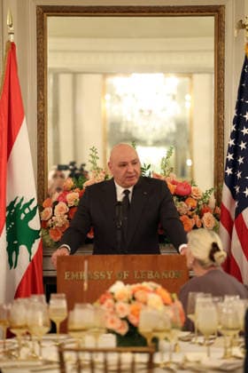 Lebanese President Joseph Aoun in United States WASHINGTON, UNITED STATES - JULY 22 : (----EDITORIAL USE ONLY - MANDATORY CREDIT - LEBANESE PRESIDENCY HANDOUT - NO MARKETING NO ADVERTISING CAMPAIGNS - DISTRIBUTED AS A SERVICE TO CLIENTS----) Lebanese President Joseph Aoun delivers a speech during a dinner hosted by Lebanese Ambassador to Washington Nada Hamadeh in honor of his official visit, attended by members of the US Congress and officials from the US administration, on July 22, 2026 in Washington, United States. Lebanese Presidency Handout Anadolu Washington United States. Editorial use only. Please get in touch for any other usage.  Copyright: x2026xAnadoluxLebanesexPresidency Handoutx