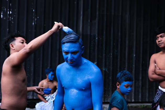 Ngerebeg ritual, a colorful tradition in Bali BALI, INDONESIA - JULY 22: Locals with painted bodies participate in the Ngerebeg ritual, a colorful traditional procession believed to expel evil spirits and bad luck from the village, on July 22, 2026 in Bali, Indonesia. Participants paint their bodies to resemble astral beings as they pray and march through the village. Johannes P. Christo Anadolu Bali Indonesia. Editorial use only. Please get in touch for any other usage.  Copyright: x2026xAnadoluxJohannesxP.xChristox