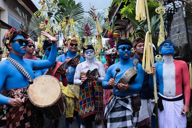 Ngerebeg ritual, a colorful tradition in Bali BALI, INDONESIA - JULY 22: Locals with painted bodies participate in the Ngerebeg ritual, a colorful traditional procession believed to expel evil spirits and bad luck from the village, on July 22, 2026 in Bali, Indonesia. Participants paint their bodies to resemble astral beings as they pray and march through the village. Johannes P. Christo Anadolu Bali Indonesia. Editorial use only. Please get in touch for any other usage.  Copyright: x2026xAnadoluxJohannesxP.xChristox