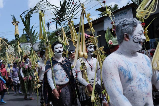 Ngerebeg ritual, a colorful tradition in Bali BALI, INDONESIA - JULY 22: Locals with painted bodies participate in the Ngerebeg ritual, a colorful traditional procession believed to expel evil spirits and bad luck from the village, on July 22, 2026 in Bali, Indonesia. Participants paint their bodies to resemble astral beings as they pray and march through the village. Johannes P. Christo Anadolu Bali Indonesia. Editorial use only. Please get in touch for any other usage.  Copyright: x2026xAnadoluxJohannesxP.xChristox