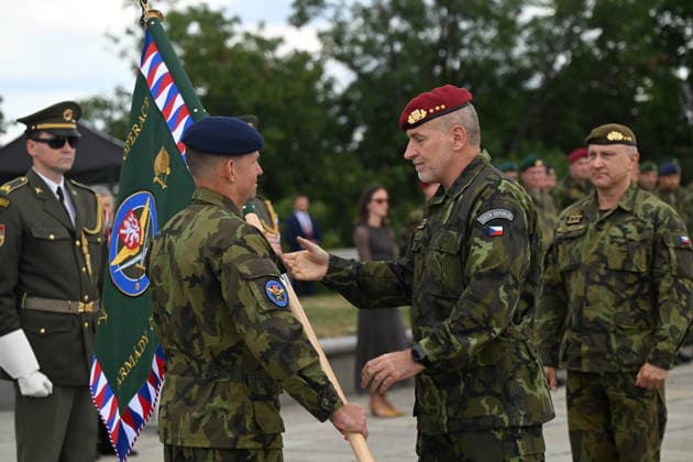 From left Major General Jaroslav Mika, Chief of the General Staff Miroslav Hlavac and Lieutenant General Vaclav Vlcek at the ceremonial handover of command of Czech Army Operations Command on July 22, 2026, in Prague, Czech Republic. Lieutenant General Vaclav Vlcek symbolically handed over command to Major General Jaroslav Mika who assumes position on August 1, 2026. (CTKxPhoto KaterinaxSulova) CTKPhotoP2026072203066  CTKPhotoP2026072203066