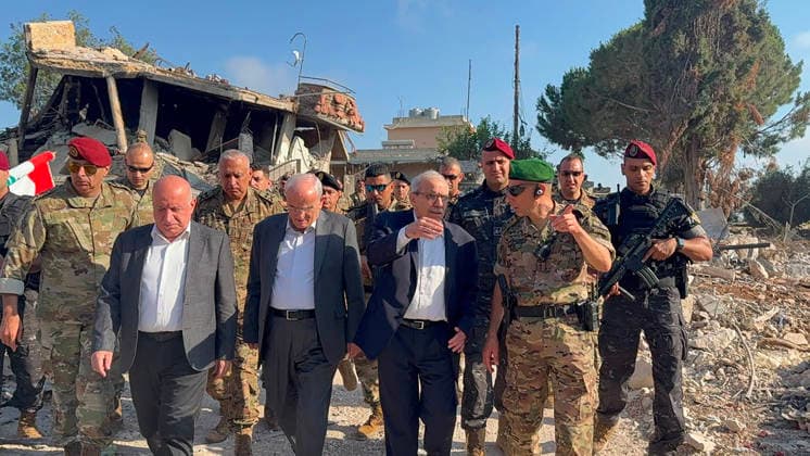 Lebanon s Prime Minister Nawaf Salam (C,R) visits the southern village of Zawtar al-Gharbiya, after the withdrawal of Israeli troops from the area in Zawtar al-Gharbiya In Lebanon. on Wednesday, July 22, 2026, following the withdrawal of Israeli troops from the area. During his visit, Salam said Beirut is working toward a complete Israeli withdrawal from occupied territories. The Lebanese army has recently deployed in the village as part of efforts to reassert state authority.  LEB2026072204 LebanesexPrimexMinister sxMedia