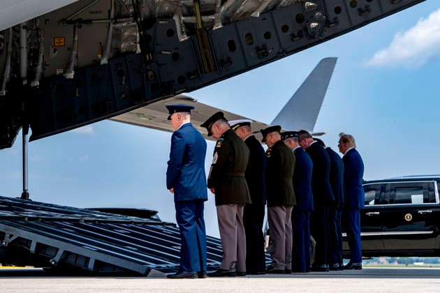 President Donald Trump attends the dignified transfer of Army 1st Lt. Tyler James Feehan, Army Staff Sgt. Emmanuel Swinton, Army Sgt. Angel Rampersad and Army Pvt. Isabella Gonzales at Dover Air Force Base in Dover, Delaware on Wednesday, July 22, 2026.  DEL20260722369 BONNIExCASH