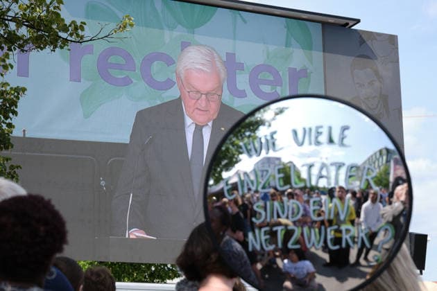 Germany marks 10th anniversary of Olympia shopping mall shooting MUNICH, GERMANY - JULY 22: German President Frank Walter Steinmeier appears on screen during the 10th anniversary memorial ceremony at Olympia shopping center in Munich, Germany, on July 22, 2026. The attack at Olympia Shopping Mall claimed nine lives and left several others injured before the gunman took his own life. Merve Goettl Anadolu Munich Germany. Editorial use only. Please get in touch for any other usage.  Copyright: x2026xAnadoluxMervexGoettlx