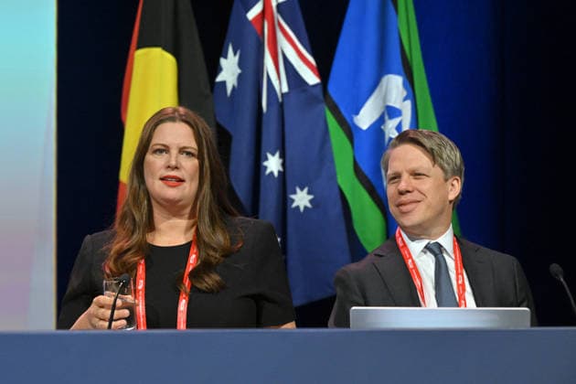 ALP NATIONAL CONFERENCE, Incoming Labor president Kate Ellis and Australian Labor Party National Secretary Paul Erickson during the 50th Australian Labor Party (ALP) national convention at the Adelaide Convention Centre, in Adelaide, Thursday, July 23, 2026. ( ADELAIDE SOUTH AUSTRALIA AUSTRALIA  Copyright: xMICKxTSIKASx 20260723157063059112