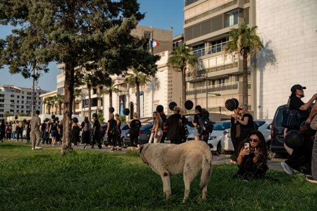 Animal rights activists march in Izmir, Turkey - 22 JULY 2026. A protester seen photographing a stray dog during the Sessi march. Animal rights advocates held a silent march in Izmir, Turkey, to call for the protection of stray animals and their right to life. Following the march, participants issued a statement urging humane and permanent solutions for stray animals while calling on the public to defend the right to life and adopt animals from shelters or the streets. Izmir Turkey Copyright: xMuratxKocabasx xSOPAxImagesx DSCF5322