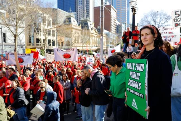 July 23, 2026, Melbourne, Australia: MELBOURNE, AUSTRALIA Ã¢â‚¬ JULY 23, 2026: Members of the Australian Education Union (AEU) march from Bourke Street Mall to the Victorian Parliament during a rally calling on the Victorian Government to fully fund public schools and present a revised Victorian Government Schools Agreement (VGSA). The demonstration forms part of statewide industrial action, with teachers and education support staff seeking improved pay, better working conditions and increased investment in public education. Melbourne Australia  - ZUMAq101 20260723_zna_q101_010 Copyright: xYexMyoxKhantx