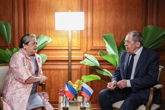 PHILIPPINES, MANILA - JULY 23, 2026: Tess Lazarov, Foreign Minister of the Philippines, and her counterpart Sergei Lavrov of Russia hold a bilateral meeting on the sidelines of ASEAN-led events. Russian Foreign Ministry TASS  95353639