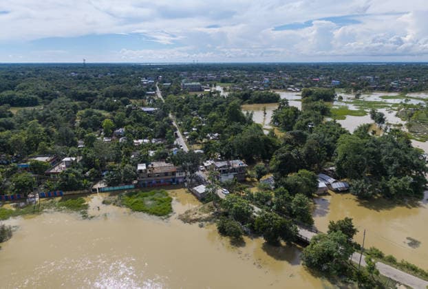 Flood in Indian Northeastern State Assam JORHAT, INDIA - JULY 22: An aerial view of vast areas submerged by floodwaters following heavy monsoon rains, on July 22, 2026 in Jorhat, India. The flood situation in Assam remained critical, with more than 630,000 people affected across 21 districts. The state’s death toll has risen to 12. David Talukdar Anadolu Jorhat India. Editorial use only. Please get in touch for any other usage.  Copyright: x2026xAnadoluxDavidxTalukdarx