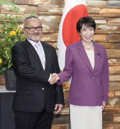 Japan-Solomon Islands summit Japanese Prime Minister Sanae Takaichi (R) shakes hands with Solomon Islands Prime Minister Matthew Cooper Wale at the premier s office in Tokyo on July 23, 2026.  A14AA0005624020P
