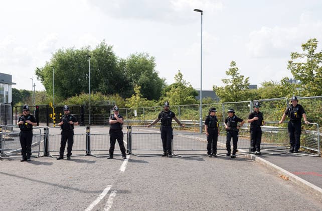July 23, 2026, Bristol, Bristol, UK: Bristol, UK. A national protest calling for a full arms embargo on Israel takes place at the Israeli owned Elbit Systems production site in Filton. The protest is called by the Palestine Solidarity Campaign who say that Elbit Systems produces weapons and military technology used by Israel for genocide in the Gaza Strip, and military operations in the West Bank. PSC say the British government facilitates the export of weapons and military technology to Israel despite knowing it is to commit genocide. Bristol UK  - ZUMAl94_ 20260723_zaf_l94_018 Copyright: xSimonxChapmanx