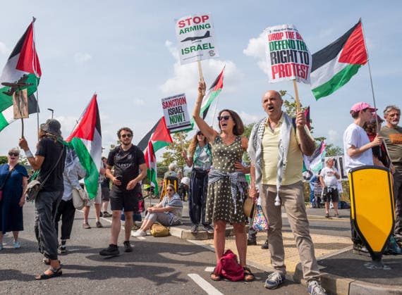 July 23, 2026, Bristol, Bristol, UK: Bristol, UK. A national protest calling for a full arms embargo on Israel takes place at the Israeli owned Elbit Systems production site in Filton. The protest is called by the Palestine Solidarity Campaign who say that Elbit Systems produces weapons and military technology used by Israel for genocide in the Gaza Strip, and military operations in the West Bank. PSC say the British government facilitates the export of weapons and military technology to Israel despite knowing it is to commit genocide. Bristol UK  - ZUMAl94_ 20260723_zaf_l94_019 Copyright: xSimonxChapmanx