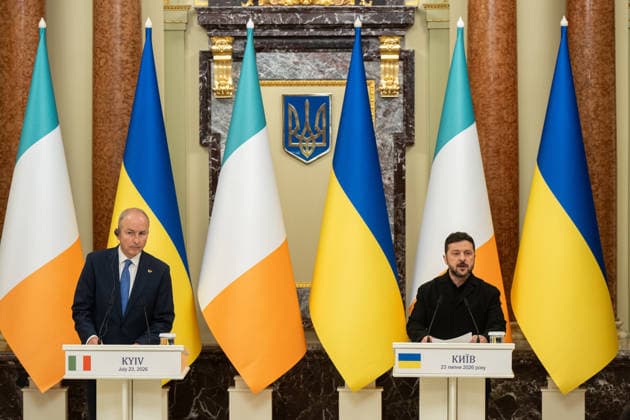 Ukrainian President Zelenskyy meets Irish Prime Minister Martin in Kyiv KYIV, UKRAINE - JULY 23: The taoiseach (Prime minister) of Ireland Micheal Martin (L) and the President of Ukraine Volodymyr Zelenskyy (R) attend a joint press conference in Kyiv, Ukraine, on July 23, 2026. Danylo Antoniuk Anadolu Kyiv Ukraine. Editorial use only. Please get in touch for any other usage.  Copyright: x2026xAnadoluxDanyloxAntoniukx