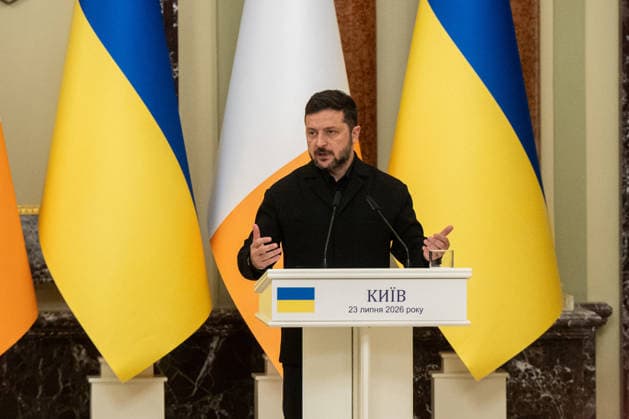Ukrainian President Zelenskyy meets Irish Prime Minister Martin in Kyiv KYIV, UKRAINE - JULY 23: The taoiseach (Prime minister) of Ireland Micheal Martin (not seen) and the President of Ukraine Volodymyr Zelenskyy attend a joint press conference in Kyiv, Ukraine, on July 23, 2026. Danylo Antoniuk Anadolu Kyiv Ukraine. Editorial use only. Please get in touch for any other usage.  Copyright: x2026xAnadoluxDanyloxAntoniukx