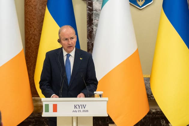 Ukrainian President Zelenskyy meets Irish Prime Minister Martin in Kyiv KYIV, UKRAINE - JULY 23: The taoiseach (Prime minister) of Ireland Micheal Martin and the President of Ukraine Volodymyr Zelenskyy (not seen) attend a joint press conference in Kyiv, Ukraine, on July 23, 2026. Danylo Antoniuk Anadolu Kyiv Ukraine. Editorial use only. Please get in touch for any other usage.  Copyright: x2026xAnadoluxDanyloxAntoniukx