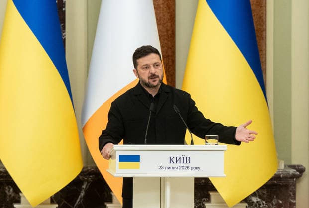 President of Ukraine Volodymyr Zelenskyy attends a joint news conference with Taoiseach of the Republic of Ireland Micheal Martin following their meeting, Kyiv, Ukraine, July 23, 2026. (Photo by Danylo Antoniuk Ukrinform) Ukrainian President meets Irish PM in Kyiv  Copyright: xDanyloxAntoniukx