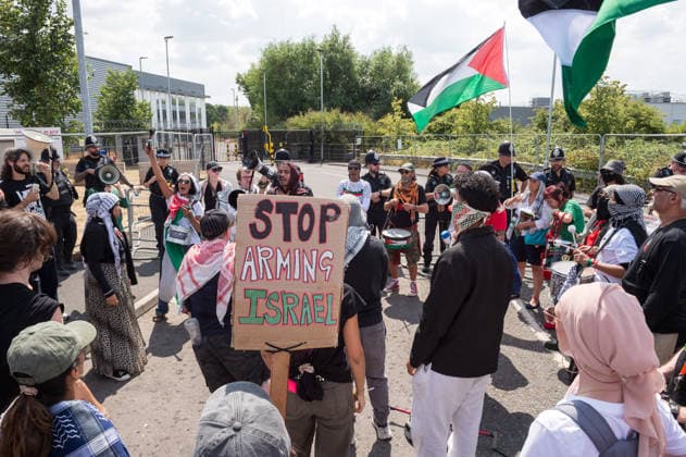July 23, 2026, Bristol, Bristol, UK: Bristol, UK. A national protest calling for a full arms embargo on Israel takes place at the Israeli owned Elbit Systems production site in Filton. The protest is called by the Palestine Solidarity Campaign who say that Elbit Systems produces weapons and military technology used by Israel for genocide in the Gaza Strip, and military operations in the West Bank. PSC say the British government facilitates the export of weapons and military technology to Israel despite knowing it is to commit genocide. Bristol UK  - ZUMAl94_ 20260723_zaf_l94_043 Copyright: xSimonxChapmanx