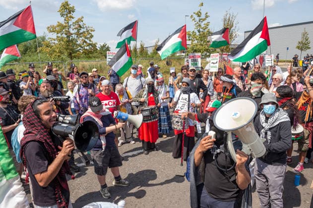 July 23, 2026, Bristol, Bristol, UK: Bristol, UK. A national protest calling for a full arms embargo on Israel takes place at the Israeli owned Elbit Systems production site in Filton. The protest is called by the Palestine Solidarity Campaign who say that Elbit Systems produces weapons and military technology used by Israel for genocide in the Gaza Strip, and military operations in the West Bank. PSC say the British government facilitates the export of weapons and military technology to Israel despite knowing it is to commit genocide. Bristol UK  - ZUMAl94_ 20260723_zaf_l94_046 Copyright: xSimonxChapmanx