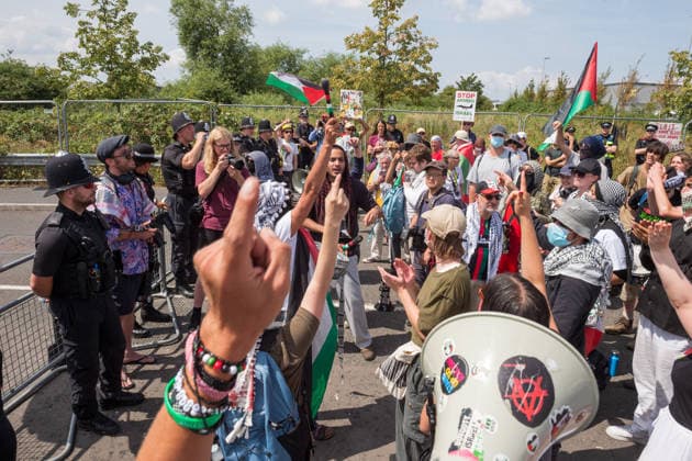 July 23, 2026, Bristol, Bristol, UK: Bristol, UK. A national protest calling for a full arms embargo on Israel takes place at the Israeli owned Elbit Systems production site in Filton. The protest is called by the Palestine Solidarity Campaign who say that Elbit Systems produces weapons and military technology used by Israel for genocide in the Gaza Strip, and military operations in the West Bank. PSC say the British government facilitates the export of weapons and military technology to Israel despite knowing it is to commit genocide. Bristol UK  - ZUMAl94_ 20260723_zaf_l94_048 Copyright: xSimonxChapmanx