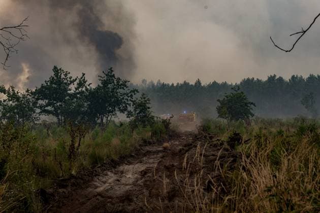 Fire in Gironde: 3,100 hectares burned between Saumos and Le Porge NEAR LEGE CAP FERRET PHOTOPQR SUD OUEST Guillaume Bonnaud GUILLAUME BONNAUD Bordeaux July 23, 2026 JULY 23, 2026 IN GIRONDE AROUND 2:30 P.M. Fire in Gironde: 3,100 hectares burned between Saumos and Le Porge NEAR LEGE CAP FERRET PH Guillaume Bonnaud Gironde, France – July 23, 2026 Firefighters battle a fast-moving wildfire in Bordeaux, Gironde, France  Copyright: xPHOTOPQR SUDxOUEST MAXPPPxGUILLAUMExBONNAUDx 20260723SDO6228 20260723SDO6228