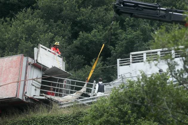 An accident involving a cattle transport truck is causing traffic delays on the A-6 in Baralla, Lugo. A group of cows traveling in the truck involved in the accident on the A-6 was evacuated, on July 23, 2026, in Baralla, Lugo, Galicia, Spain. A cattle transport truck overturned today onto a passenger car at kilometer 464 of the A-6, near the town of Baralla in Lugo, forcing the highway to be closed between kilometers 469 and 461. Traffic authorities have set up alternative detours. July 23, 2026, Spain  Copyright: xCarlosxCastrox 7683092