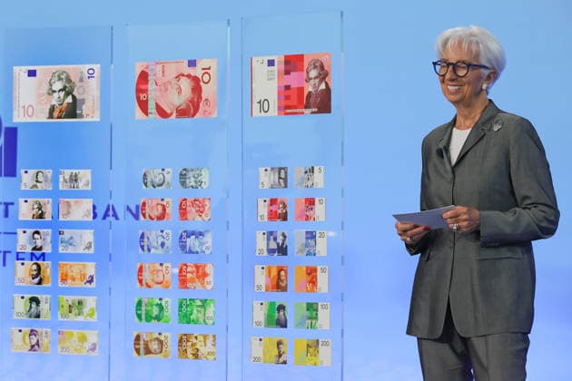 23.07.2026 , Frankfurt, DEU Christine Lagarde, Praesidentin der Europaeischen Zentralbank . Christine Lagarde stellt die Entwuerfe fuer die neuen Euroscheine vor. In den naechsten Wochen koennen die Buerger abstimmen, ob sie sich fuer die Voegel auf den Scheinen entscheiden oder lieber beruehmte Europaer. *** July 23, 2026, Frankfurt, Germany Christine Lagarde, President of the European Central Bank Christine Lagarde presents the designs for the new euro banknotes In the coming weeks, citizens will be able to vote on whether they prefer the birds on the banknotes or famous Europeans