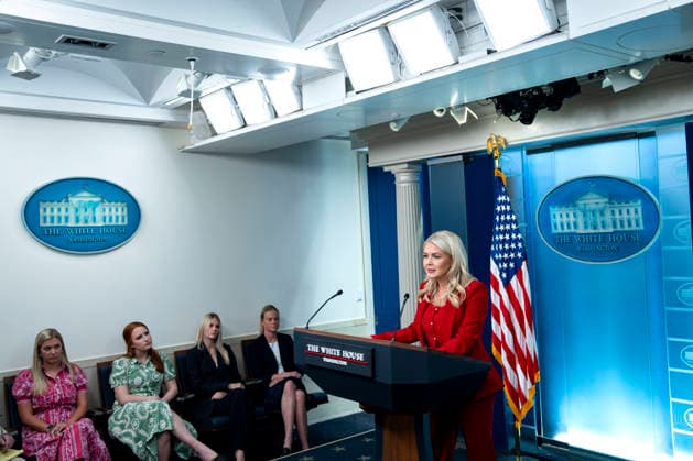 White House Press Secretary Karoline Leavitt speaks during a press briefing in the James S. Brady Briefing Room at the White House in Washington, DC on Thursday, July 23, 2026.  WAP20260723306 BONNIExCASH