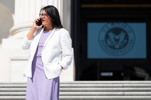 Rep. Rashida Tlaib UNITED STATES - JULY 23: Rep. Rashida Tlaib, D-Mich., talks on her phone on the House steps during the last votes before the August recess on Thursday, July 23, 2026. (Bill Clark CQ Roll Call) Washington DC United States EDITORIAL USE ONLY Copyright: x 2026xCQxRollxCallx BillxClarkx rollcallpix172166