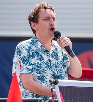 July 23, 2026, Bristol, Bristol, UK: Bristol, UK. PETER LEARY, Deputy Director of the Palestine Solidarity Campaign, speaks at a national protest calling for a full arms embargo on Israel takes place at the Israeli owned Elbit Systems production site in Filton. The protest is called by the Palestine Solidarity Campaign who say that Elbit Systems produces weapons and military technology used by Israel for genocide in the Gaza Strip, and military operations in the West Bank. PSC say the British government facilitates the export of weapons and military technology to Israel despite knowing it is to commit genocide. Bristol UK  - ZUMAl94_ 20260723_zaf_l94_059 Copyright: xSimonxChapmanx