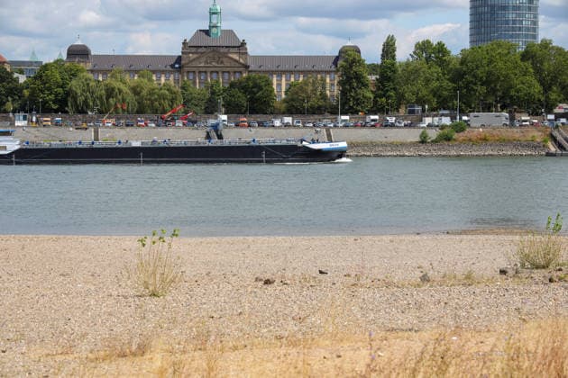 23.07.2026, Deutschland, NRW, Wetter, Hitze, Trockenheit, Klima, Der Rhein in Düsseldorf bei Niedrigwasser, niedriger Wasserstand, Pegel, Schiffe, Schiffsverkehr, Deutschland *** July 23, 2026, Germany, North Rhine-Westphalia, Weather, Heat, Drought, Climate, The Rhine in Düsseldorf during low water, low water level, water level, ships, shipping traffic, Germany Copyright: xD.xKerlekin SnowfieldxPhotographyx SF230726RheinD11