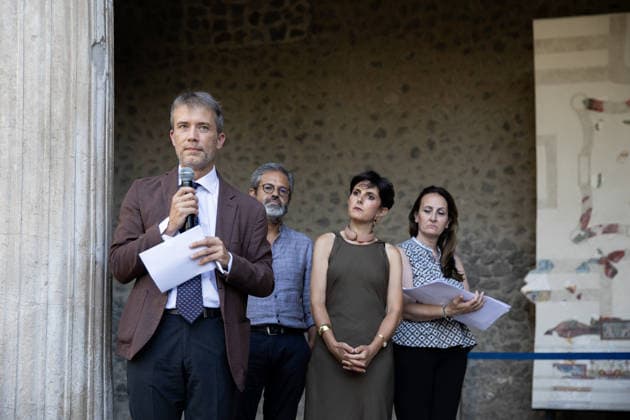 Presentation of ceiling of house with bakery in Pompeii POMPEII, ITALY - JULY 23: Director of the Archaeological Park of Pompeii Gabriel Zuchtriegel delivers a speech during the presentation of the restoration of the ceiling of the house with the bakery of Regio IX at the archaeological park of Pompeii, in Pompeii, Italy on July 23, 2026. Iso Ekle Anadolu Pompeii Italy. Editorial use only. Please get in touch for any other usage.  Copyright: x2026xAnadoluxIsoxEklex