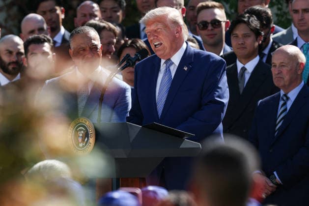 DC: Trump Hosts 2025 MLB World Series Champions LA Dodgers at White House President Donald Trump speaks during an event with the 2025 MLB World Series Champions the Los Angeles Dodgers in the Rose Garden at the White House on July 23, 2026 in Washington, D.C. The Dodgers defeated the Toronto Blue Jays in Game 7 of the 2025 MLB World Series to claim back-to-back championship titles. (Photo by Samuel Corum Pool ABACAPRESS.COM) Washington DC United States  Copyright: xPool ABACAx