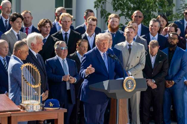 US President Donald J. Trump hosts an event to honor the 2025 World Series Champion Los Angeles Dodgers US President Donald J. Trump delivers remarks during an event to honor the 2025 World Series Champion Los Angeles Dodgers in the Rose Garden at the White House in Washington, DC, USA, 23 July 2026. WASHINGTON DISTRICT OF COLUMBIA United States  Copyright: xPool ABACAx