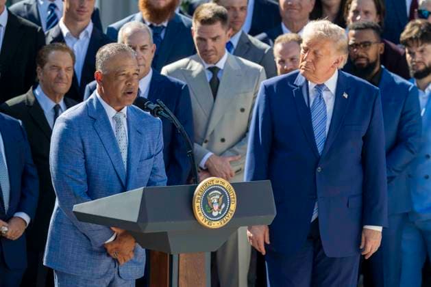 US President Donald J. Trump hosts an event to honor the 2025 World Series Champion Los Angeles Dodgers US President Donald J. Trump listens as LA Dodgers Manager Dave Roberts delivers remarks during an event to honor the 2025 World Series Champion Los Angeles Dodgers in the Rose Garden at the White House in Washington, DC, USA, 23 July 2026. WASHINGTON DISTRICT OF COLUMBIA United States  Copyright: xPool ABACAx