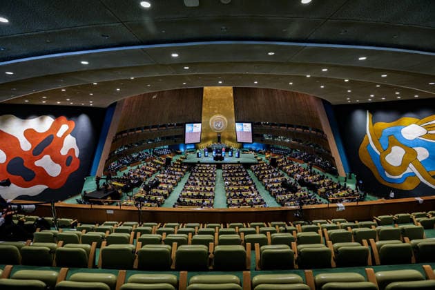 July 23, 2026, New York, New York, United States: Wide angle image of candidates for United Nations Secretary-General; (L-R) MICHELLE BACHELET of Chile, MARIA FERNANDA ESPINOSA of Ecuador, RAFAEL MARIANO GROSSI of Argentina, REBECA GRYNSPAN of Costa Rica, CAROLYN RODRIGUES-BIRKETT of Guyana, and MACKY SALL of Senegal at the opening a Bloomberg-hosted town hall featuring all six candidates for the UNÃ¢â‚¬â ¢s top post at United Nations Headquarters. Hosted by United Nations General Assembly President ANNALENA BAERBOCK, the event provided candidates with an opportunity to present their vision for the future of the United Nations and respond to questions on global challenges, UN reform, peace and security, sustainable development, climate chan - ZUMAo116 20260723_znp_o116_001 Copyright: xBiancaxOterox
