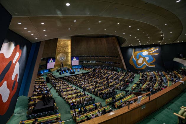 July 23, 2026, New York, New York, United States: Wide angle image of candidates for United Nations Secretary-General; (L-R) MICHELLE BACHELET of Chile, MARIA FERNANDA ESPINOSA of Ecuador, RAFAEL MARIANO GROSSI of Argentina, REBECA GRYNSPAN of Costa Rica, CAROLYN RODRIGUES-BIRKETT of Guyana, and MACKY SALL of Senegal at the opening a Bloomberg-hosted town hall featuring all six candidates for the UNÃ¢â‚¬â ¢s top post at United Nations Headquarters. Hosted by United Nations General Assembly President ANNALENA BAERBOCK, the event provided candidates with an opportunity to present their vision for the future of the United Nations and respond to questions on global challenges, UN reform, peace and security, sustainable development, climate chan - ZUMAo116 20260723_znp_o116_002 Copyright: xBiancaxOterox