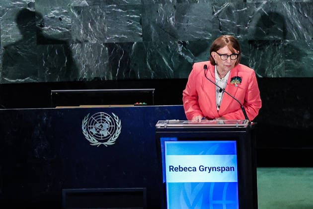 July 23, 2026, New York, New York, United States: REBECA GRYNSPAN of Costa Rica takes questions to defend her intentions if chosen Secretary General at the a Bloomberg-hosted town hall featuring all six candidates for the UNÃ¢â‚¬â ¢s top post at United Nations Headquarters. Hosted by United Nations General Assembly President ANNALENA BAERBOCK, the event provided candidates with an opportunity to present their vision for the future of the United Nations and respond to questions on global challenges, UN reform, peace and security, sustainable development, climate change, human rights, and the organizationÃ¢â‚¬â ¢s financial future. New York United States - ZUMAo116 20260723_znp_o116_033 Copyright: xBiancaxOterox