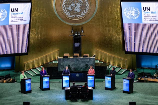 July 23, 2026, New York, New York, United States: Candidates for United Nations Secretary-General; (L-R) MICHELLE BACHELET of Chile, MARIA FERNANDA ESPINOSA of Ecuador, RAFAEL MARIANO GROSSI of Argentina, REBECA GRYNSPAN of Costa Rica, CAROLYN RODRIGUES-BIRKETT of Guyana, and MACKY SALL of Senegal at the opening a Bloomberg-hosted town hall featuring all six candidates for the UNÃ¢â‚¬â ¢s top post at United Nations Headquarters. Hosted by United Nations General Assembly President ANNALENA BAERBOCK, the event provided candidates with an opportunity to present their vision for the future of the United Nations and respond to questions on global challenges, UN reform, peace and security, sustainable development, climate change, human rights, an - ZUMAo116 20260723_znp_o116_060 Copyright: xBiancaxOterox