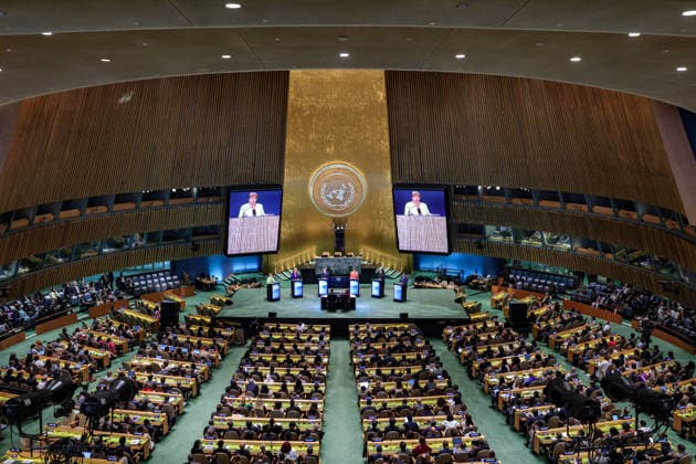 July 23, 2026, New York, New York, United States: Wide angle image of candidates for United Nations Secretary-General; (L-R) MICHELLE BACHELET of Chile, MARIA FERNANDA ESPINOSA of Ecuador, RAFAEL MARIANO GROSSI of Argentina, REBECA GRYNSPAN of Costa Rica, CAROLYN RODRIGUES-BIRKETT of Guyana, and MACKY SALL of Senegal at the opening a Bloomberg-hosted town hall featuring all six candidates for the UNÃ¢â‚¬â ¢s top post at United Nations Headquarters. Projected on screen is MICHELLE BACHELET of Chile. Hosted by United Nations General Assembly President ANNALENA BAERBOCK, the event provided candidates with an opportunity to present their vision for the future of the United Nations and respond to questions on global challenges, UN reform, peace - ZUMAo116 20260723_znp_o116_061 Copyright: xBiancaxOterox