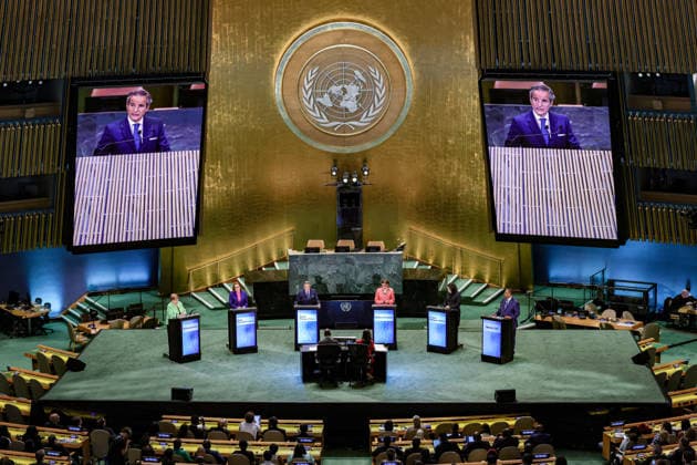 July 23, 2026, New York, New York, United States: Candidates for United Nations Secretary-General; (L-R) MICHELLE BACHELET of Chile, MARIA FERNANDA ESPINOSA of Ecuador, RAFAEL MARIANO GROSSI of Argentina, REBECA GRYNSPAN of Costa Rica, CAROLYN RODRIGUES-BIRKETT of Guyana, and MACKY SALL of Senegal at the opening a Bloomberg-hosted town hall featuring all six candidates for the UNÃ¢â‚¬â ¢s top post at United Nations Headquarters. Projected on screen is RAFAEL MARIANO GROSSI of Argentina. Hosted by United Nations General Assembly President ANNALENA BAERBOCK, the event provided candidates with an opportunity to present their vision for the future of the United Nations and respond to questions on global challenges, UN reform, peace and security - ZUMAo116 20260723_znp_o116_064 Copyright: xBiancaxOterox
