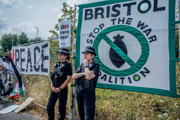 Elbit Systems Filton Bristol Pro-Palestine Protest - 23 Jul 2026 Police Officers guard the Elbit Systems factory during the rally. Pro-Palestinian protestors gathered outside Elbit Systems factory in Filton, Bristol to accuse the arms company of supplying Israel with weaponry and drones for its war in Gaza. Bristol United Kingdom Copyright: xLabxMox xSOPAxImagesx LabMO_Elbit_Systems_Filton_Protest_Sopa_10.jpeg
