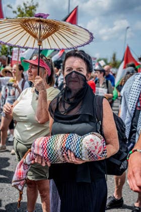 Elbit Systems Filton Bristol Pro-Palestine Protest - 23 Jul 2026 A pro-Palestinian protestor carries a symbol of a dead baby, accusing Israel of killing children in Gaza during the rally Pro-Palestinian protestors gathered outside Elbit Systems factory in Filton, Bristol to accuse the arms company of supplying Israel with weaponry and drones for its war in Gaza. Bristol United Kingdom Copyright: xLabxMox xSOPAxImagesx LabMO_Elbit_Systems_Filton_Protest_Sopa_11.jpeg