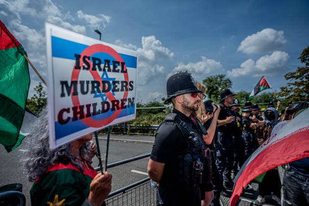 Elbit Systems Filton Bristol Pro-Palestine Protest - 23 Jul 2026 Police Officers guard the Elbit Systems factory during the rally. Pro-Palestinian protestors gathered outside Elbit Systems factory in Filton, Bristol to accuse the arms company of supplying Israel with weaponry and drones for its war in Gaza. Bristol United Kingdom Copyright: xLabxMox xSOPAxImagesx LabMO_Elbit_Systems_Filton_Protest_Sopa_19.jpeg