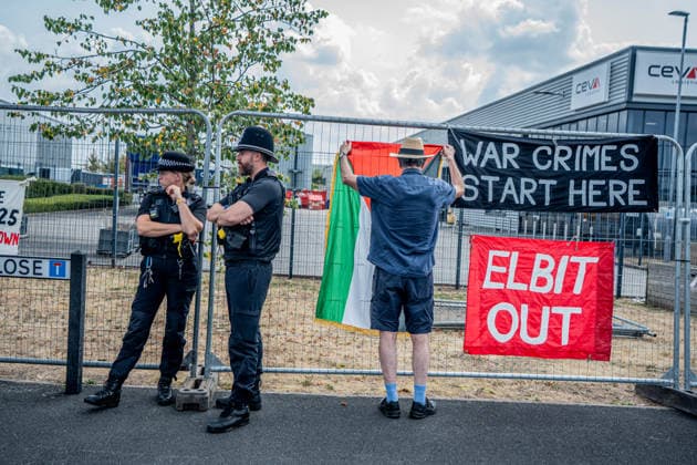 Elbit Systems Filton Bristol Pro-Palestine Protest - 23 Jul 2026 Police officers patrol outside the premises of arms manufacturer Elbit Systems during the demonstration. Pro-Palestinian protestors gathered outside Elbit Systems factory in Filton, Bristol to accuse the arms company of supplying Israel with weaponry and drones for its war in Gaza. Bristol United Kingdom Copyright: xLabxMox xSOPAxImagesx LabMO_Elbit_Systems_Filton_Protest_Sopa_4.jpeg